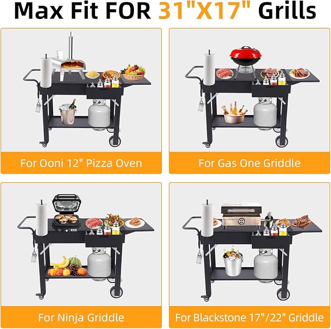Foldable Grill Cart for Blackstone Griddle, Portable Outdoor Griddle Stand for 17" & 22" Blackstone, Ninja Woodfire & Pizza Oven, Mobile BBQ Prep Table with Side Shelf & Storage