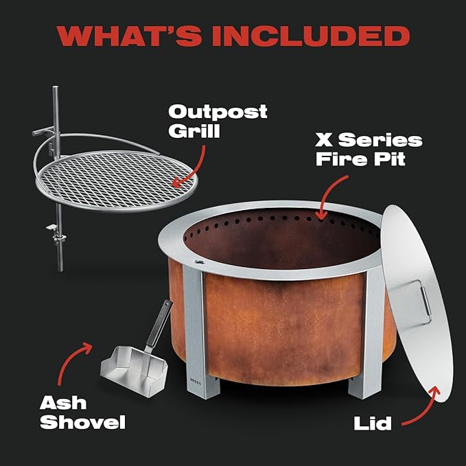 Breeo Smokeless Fire Pit Grilling Bundle (X Series 24 Corten Steel, Outpost Grill, Ash Shovel, & Lid) | 27.5 inch Smokeless Firepit for Outside | Ideal for Families, Gifts for Dad