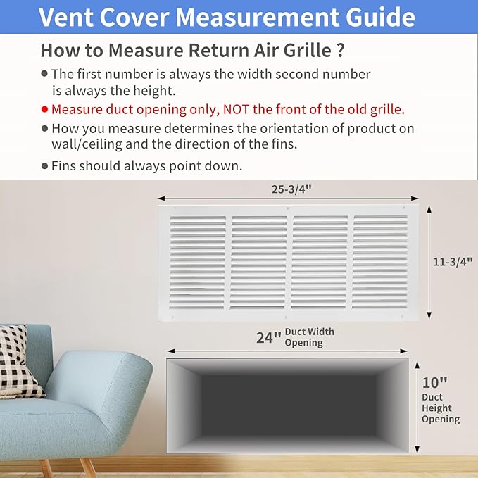 24"W x 10"H [Duct Opening Size] Steel Return Air Grille, Air Return Vent Cover for Ceiling and Sidewall - HVAC Air Vent Covers - [Outer Dimensions: 25.75"W x 11.75"H]
