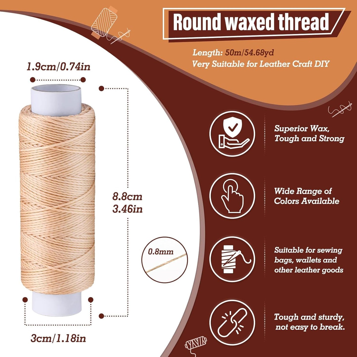 0.8 mm 54 Yards Round Waxed Thread, Leather Thread Wax String for Sewing, Stitching, Bookbinding, Bracelet, Braiding (Beige)