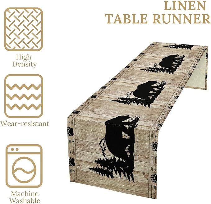 Bear Table Runner, Wild Animals Rustic Cabin Forest Bear Print Wooden Board Table Runner for Dining Kitchen Home 13x120in