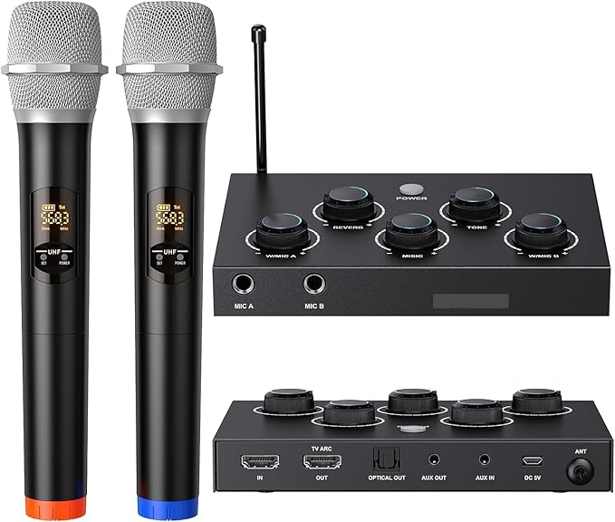 Wireless Microphone System, Dual UHF Portable Karaoke Microphone, HDMI & AUX in/Out, Optical Out, Stable Signal, 100ft Range – Wireless Mic for Singing, Karaoke, Church, Smart TV, PC, PA Speaker