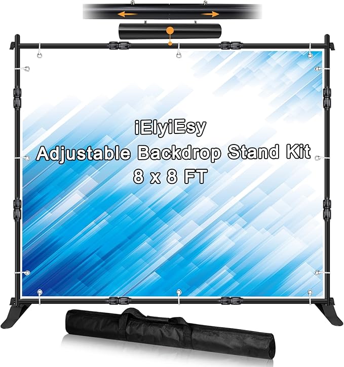 iElyiEsy Backdrop Banner Stand, 8x8FT Heavy Duty Adjustable Step and Repeat Stand with Carrying Bag for Parties Photo Booth Trade Show