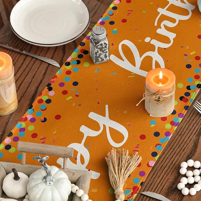 Artoid Mode Polka Dot Orange Happy Birthday Table Runner, Seasonal Fall Thanksgiving Kitchen Dining Table Decoration for Home Party Decor 13x72 Inch