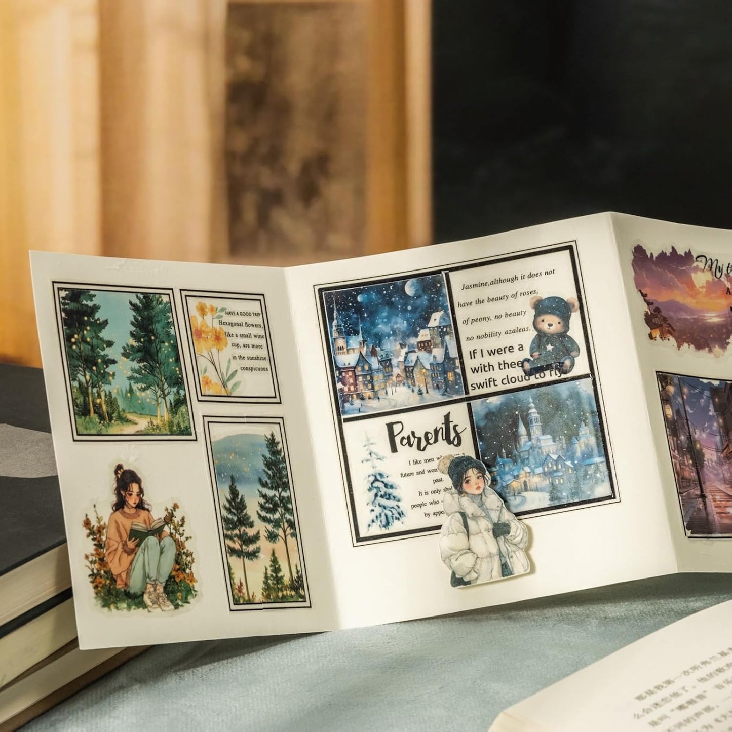 Moonlit PET Tape Set, 6Rolls Pre-Cut Night Scenery Stickers for Scrapbooking & Journaling, Includes Clip, Large Size, Ideal for Collage, DIY Crafts