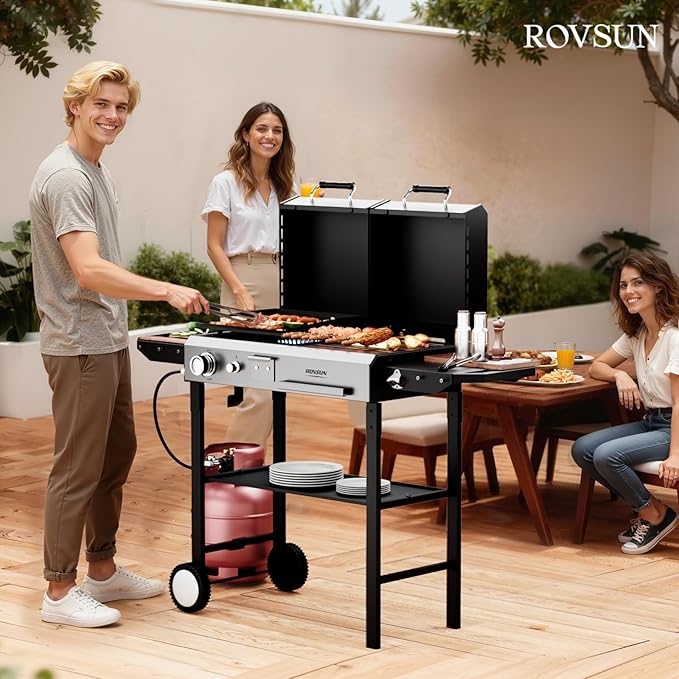 ROVSUN 2-in-1 Propane Gas Grill and Charcoal Grill Combo with Lid, 12000BTU Flat Top Griddle & Charcoal BBQ Grill with Electronic Ignition, Enamel Griddle & Grate for Outdoor Backyard Cooking Barbecue
