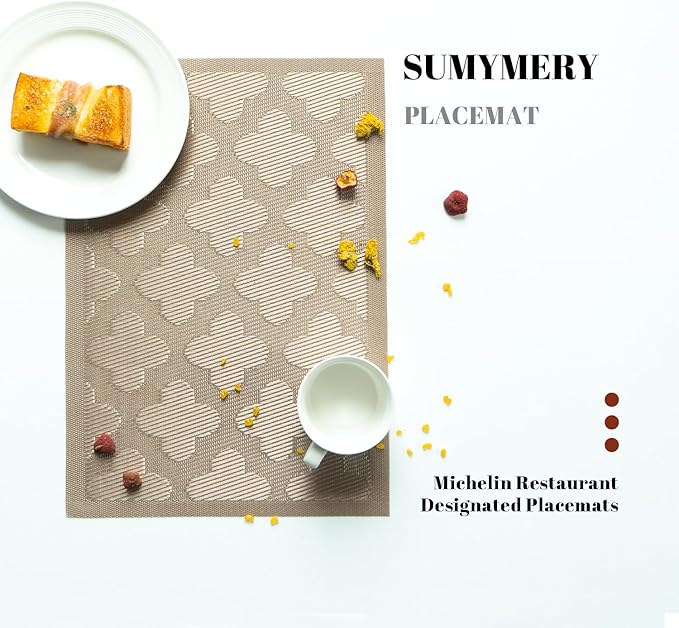 Placemats Set of 12 Vinyl/Plastic Woven Place Mats for Kitchen Table Indoor/Outdoor Washable Placemat Wipeable Dining Table Mats (Dark Brown Clover,12)