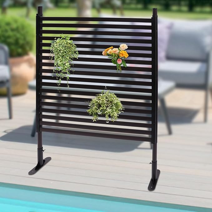 Outdoor Freestanding Privacy Screens, 35.4" W x 47" H Metal Slatted Decorative Panels with Stand, Brown Backyard Privacy Panels for Garden Patio