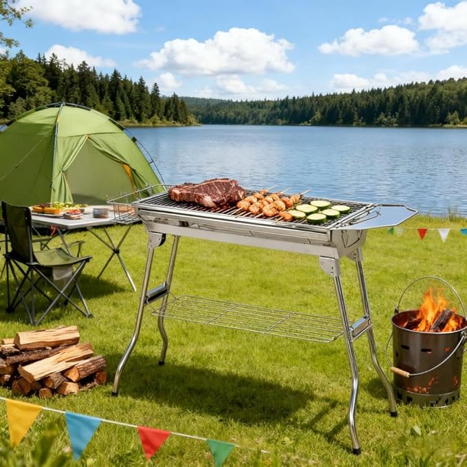 Folding Charcoal BBQ Grill with Storage Shelves, Portable Stainless Steel Charcoal Grill with Griddle Pan & Cooking Grate, Camping Picnic Hibachi Grill for Outdoor Cooking
