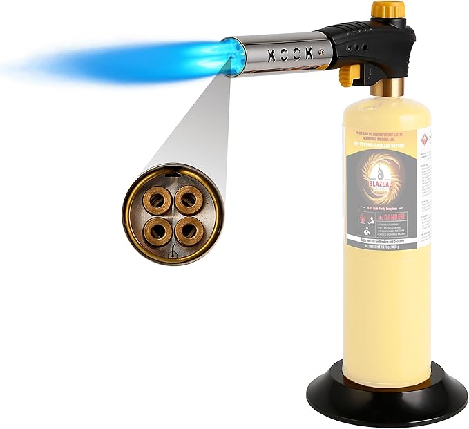 KOOKCOOK Propane Torch Head,Quad-Flame Blow Torch Kit with Propane Tank Base for MAPP MAP Gas,Work in All Angle,Trigger Start Torch Gun Ideal for Welding Brazing Soldering Grill Camping Cooking Food
