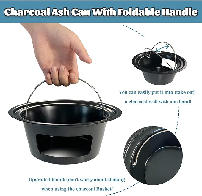 KAMaster Ash Can with Folding Handle Compatible with Large Big Green Egg,Charcoal Ash Collector Must Haves Green Egg Accessories Carbon Steel Ash Pot High Temperature Resistance Kamado Ash Basket