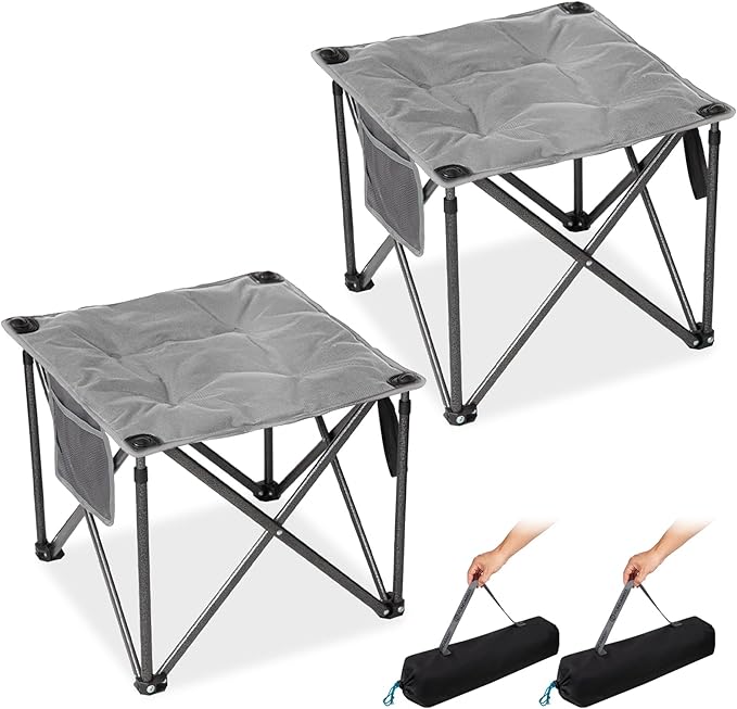 FUNDANGO Oversized Camping Stool for Adults, 2 Pack Thick Padded 18.1 Inch Folding Ottoman Foot Rest, 440 Lbs Heavy Duty Outdoor Camp Chairs with Anti-Slip Foots&Carry Bag for Fishing Travel (Grey)