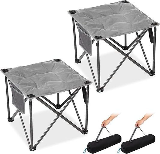 FUNDANGO Oversized Camping Stool for Adults, 2 Pack Thick Padded 18.1 Inch Folding Ottoman Foot Rest, 440 Lbs Heavy Duty Outdoor Camp Chairs with Anti-Slip Foots&Carry Bag for Fishing Travel (Grey)