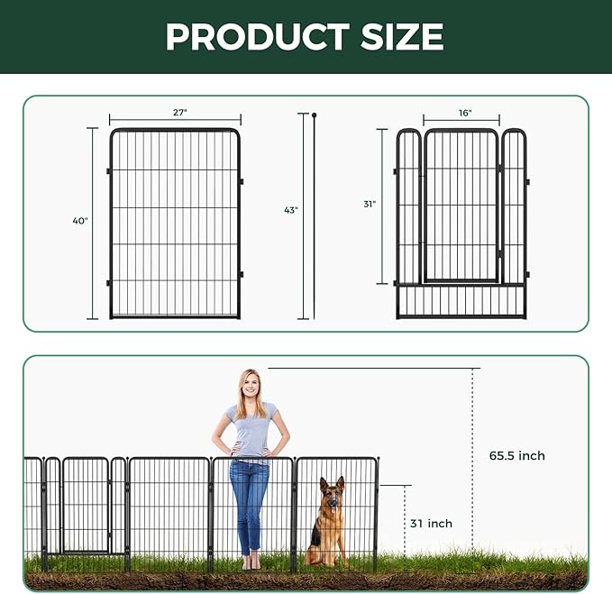 FXW Garden Fence Outdoor for The Yard – 40in(H) x 18.2ft(L) Heavy Duty Metal Animal Barrier for Dog and Rabbit, Decorative Dog Fence, 8 Panels, Black