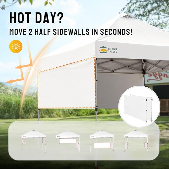 CROWN SHADES 10x10 Pop up Canopy Tent Instant Canopy with 150D Silver Coated Fabric Including 2 Half Sidewalls, 4 Ropes, 8 Stakes, 4 Weight Bags, STO 'N Go Bag, Grid White
