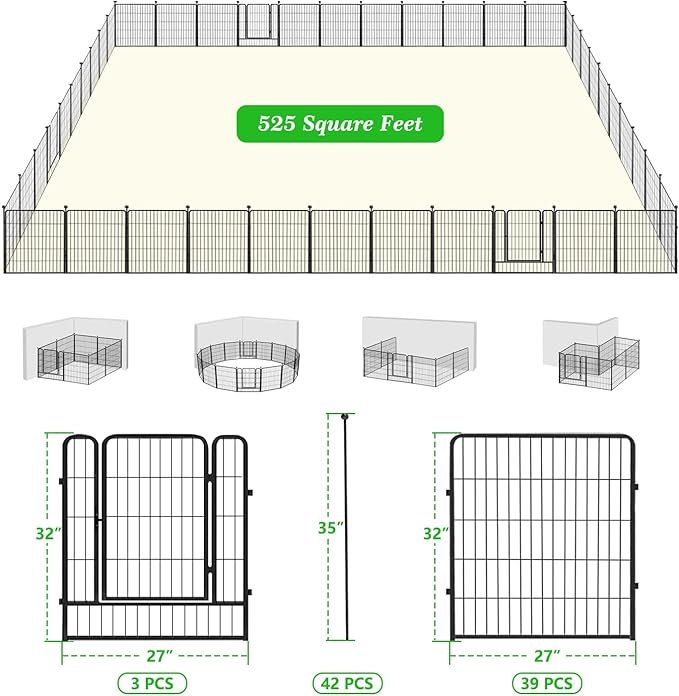 Garden Fence with Gate Metal Fencing Outdoor for Yard, 32in x96ft 42 Panels Outdoor Dog Fence Temporary Fence for Dogs Outside, Rustproof Garden Fencing Flower Bed Edging for Patio