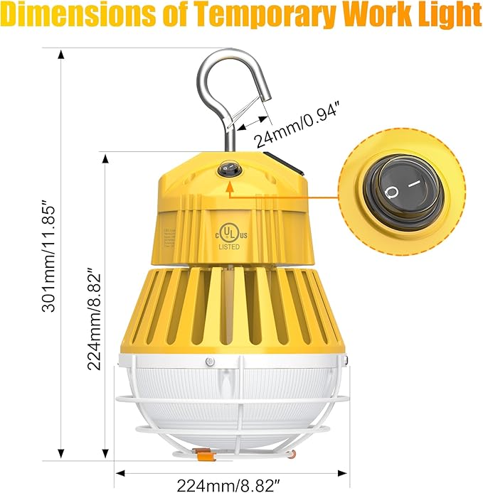 LED Temporary Work Light 80W, 10400LM 5000K Portable Hanging Construction Light with 10ft Cable Plug and Sturdy Hooks Linkable LED Work Light for Job Site Lighting, Workshop, Garage ETL Listed