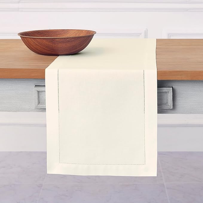 Solino Home Ivory Table Runner 48 Inches - Cotton Linen Hemstitch Coffee Table Runner 14 x 48 Inch Ideal for Dresser Tables - Spring, Easter