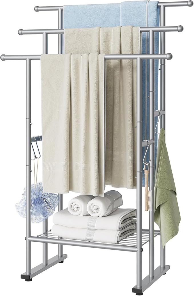 ELYKEN 3 Tier Standing Towel Rack, 40'' Tall Towel Drying Rack Outdoor, Freestanding Floor Towel Rack with Shelf, Pool Towel Blanket Stand, Metal Towel Racks for Bathroom freestanding, Smooth Silver