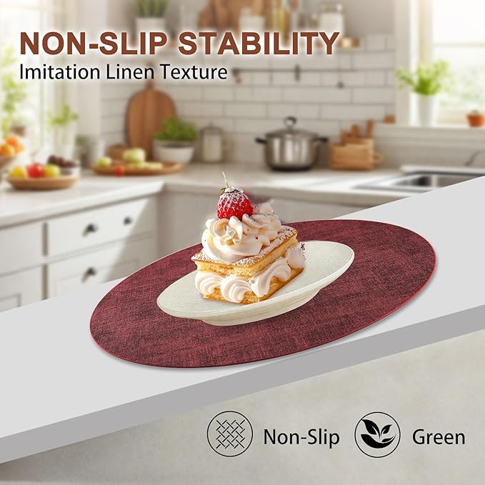 Round Faux Leather Placemats and Coasters, Set of 8, Reversible Heat Resistant Non-Slip Table Mats, Waterproof Wipeable Place Mats for Dining Table, Washable for Indoor & Outdoor (8, Red)