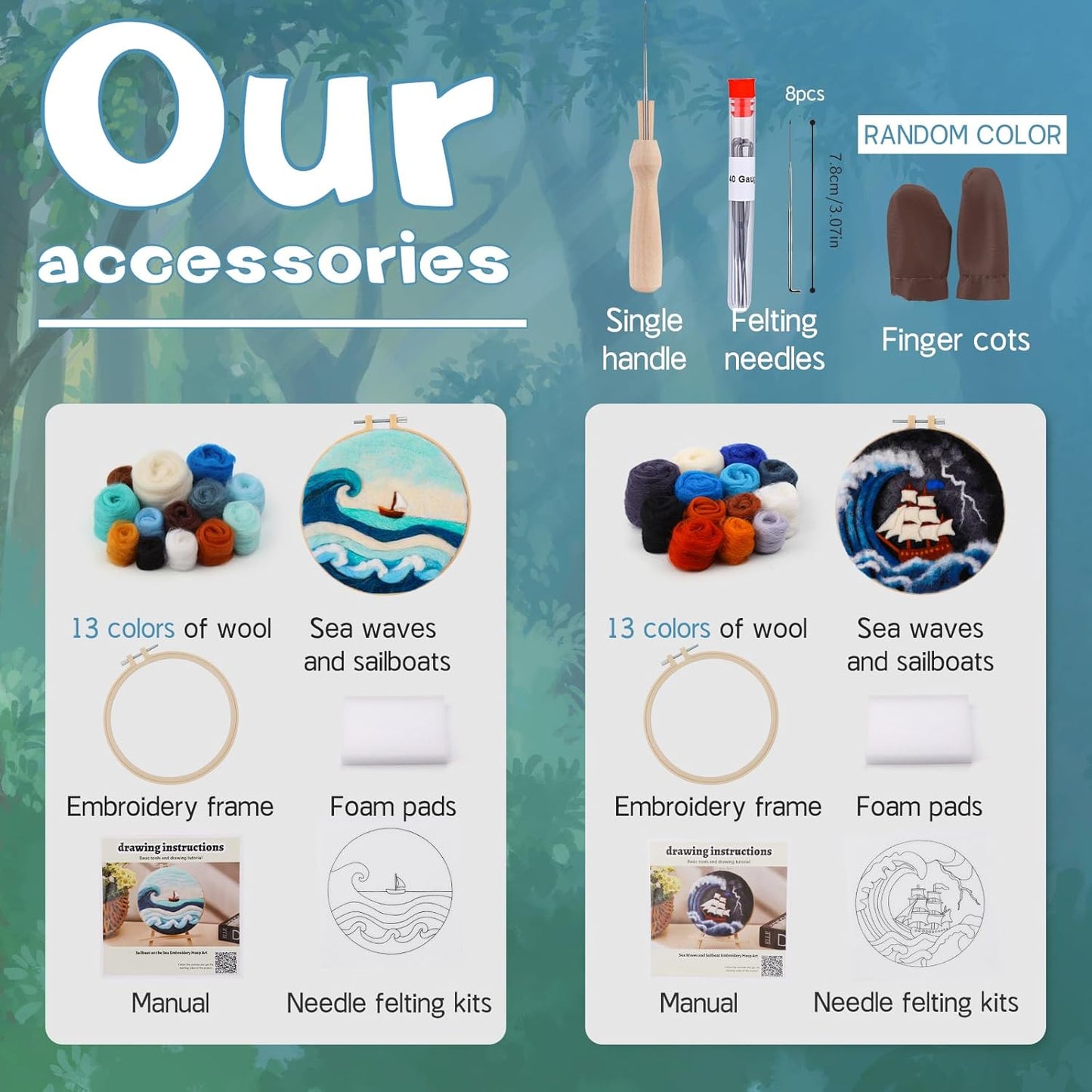 QMNNMA Needle Felting Kits, Wool Felting Kit with Picture Frame, Foam Pad, Felt Cloth, and Instructions, Needle Felt Painting Kit for Home Decoration (Sea Waves and Sailboats)