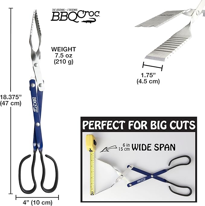 3 in 1 Barbecue Tool 18-inch by BBQ Croc - Light and Long Tongs, Spatula and Grill Scraper (Blue) (18 inch Without Flashlight)