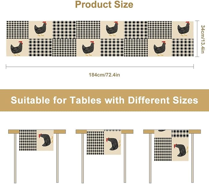 Farm Animal Table Runner, Chicken Hen Black White Buffalo Plaid Check Farmhouse Chick Table Runner for Home Kitchen Holiday Dining Party 13x108in