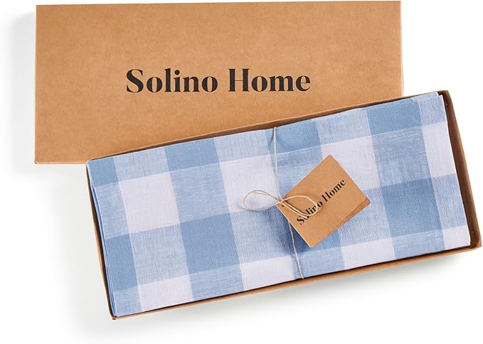 Solino Home Linen Checkered Table Runner 144 Inches Long - 100% Pure Linen Buffalo Check Chambray Blue and White Table Runner 14 x 144 Inch Ideal for Dining, Winter, Spring, Easter