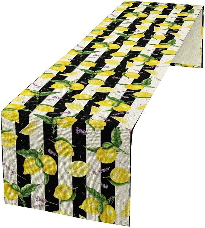 Farmhouse Lemon Fruit Table Runner Nature Aesthetic Black White Stripe Flowers Plant Dining Table Decoration for Home Holiday Party Dresser Kitchen Cabin Restaurant Wedding Decor 13×60in