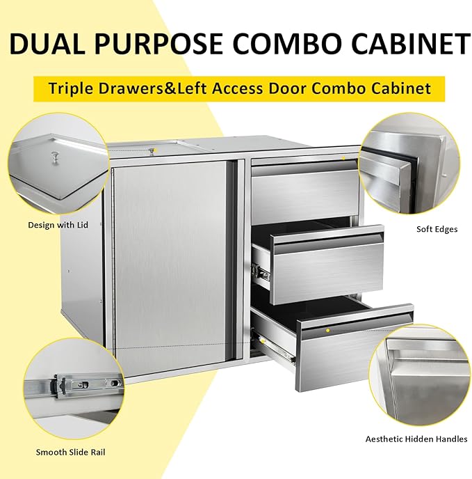 Outdoor Kitchen Door Drawer Combo Cabinet 28" W x 22" H x 19.5" D Stainless Steel Built-in Triple Drawers&Access Door Combo Cabinet for Outdoor Kitchen Island