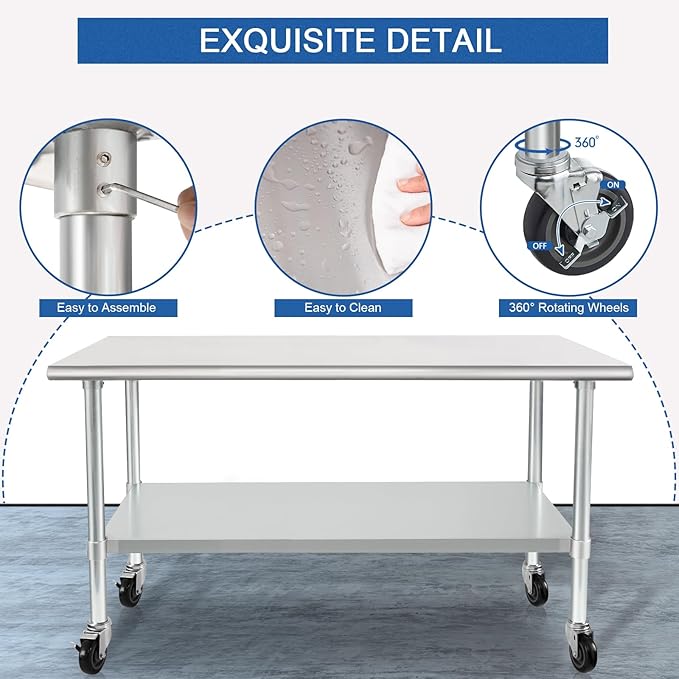HARDURA Stainless Steel Table with Wheels 24 x 72 Inches Casters NSF Heavy Duty Commercial Work & Prep Table with Undershelf and Galvanized Legs for Restaurant Kitchen Bar and Hotel Garage