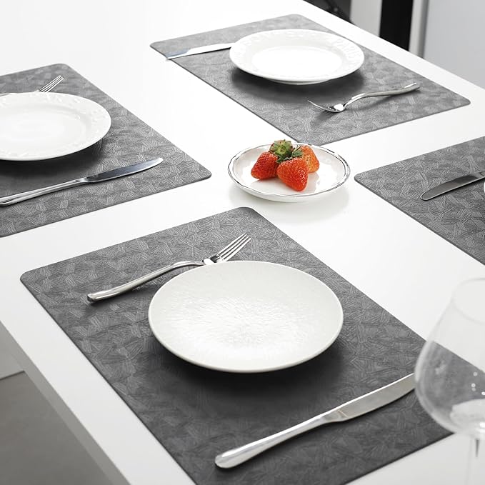 Vinyl Placemats Set of 8 Heat Resistant Easy Clean Non-Slip Place Mats for Dining Table. Faux Leather Waterproof Stain Resistant Wipeable Washable PU Table Mats(8, Gray)