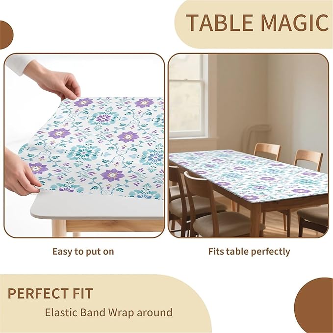 Rectangle Table Cloth Cover Waterproof Elastic Fitted Polyester Fitted Tablecloths for 4 Foot Tables for Indoor,Picnic, Camping, Outdoor （48" x 24"，Geometric Flowers）