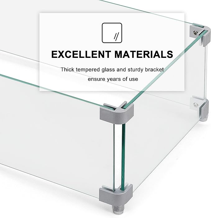 NUU GARDEN 27.6'' x 11.7'' x 6.5" Rectangular Fire Pit Wind Guard, Transparent Tempered Glass, Polished Aluminum Brackets, 3M Anti-Slip Pads, Fit for Best Choice 52-inch Fire Table WG01