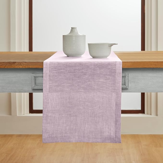 Solino Home Linen Short Table Runner 60 Inches - Athena, 100% Pure Linen Chambray Lavender Table Runner 14 x 60 Inch Ideal for Dresser and Coffee Tables - Spring, Easter, Valentines