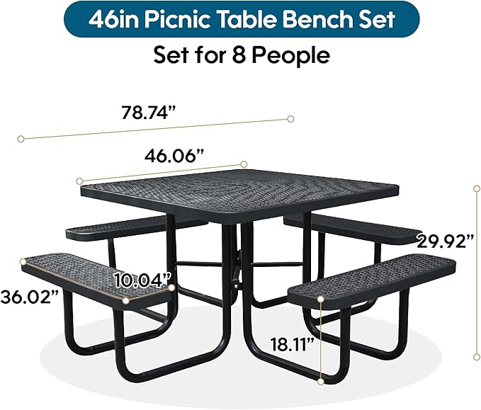 46'' Square Metal Picnic Table for Outdoors, Commercial Steel Metal Picnic Tables, Heavy Duty Sturdy Picnic Tables Furniture Set for Patio Garden Courtyard BBQ, with Umbrella Hole, Black