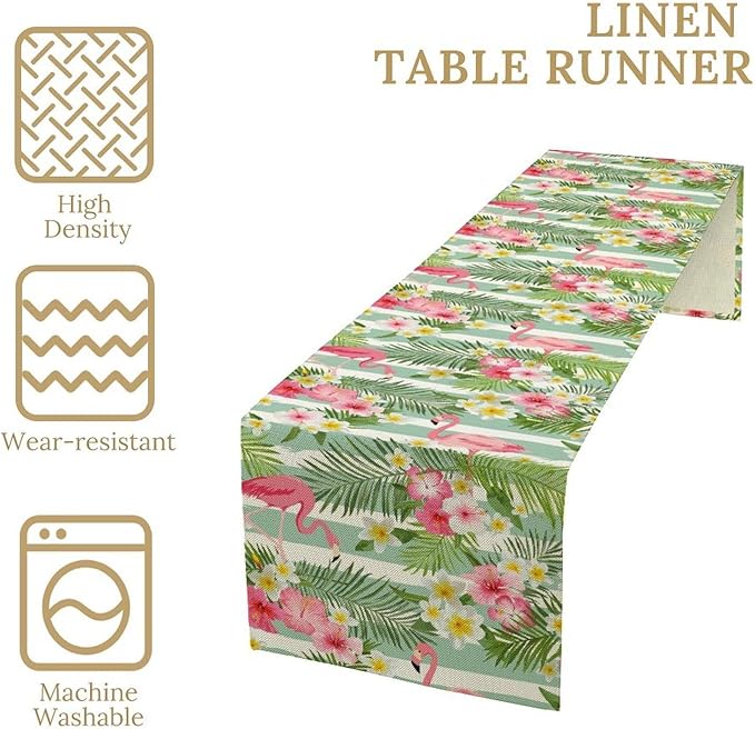 Tropical Flamingo Table Runner,Green White Stripes Palm Leaves Floral Hawaii Seasonal Holiday Celebration Kitchen Dining Table Decoration for Home Party Decor, 13"x90"
