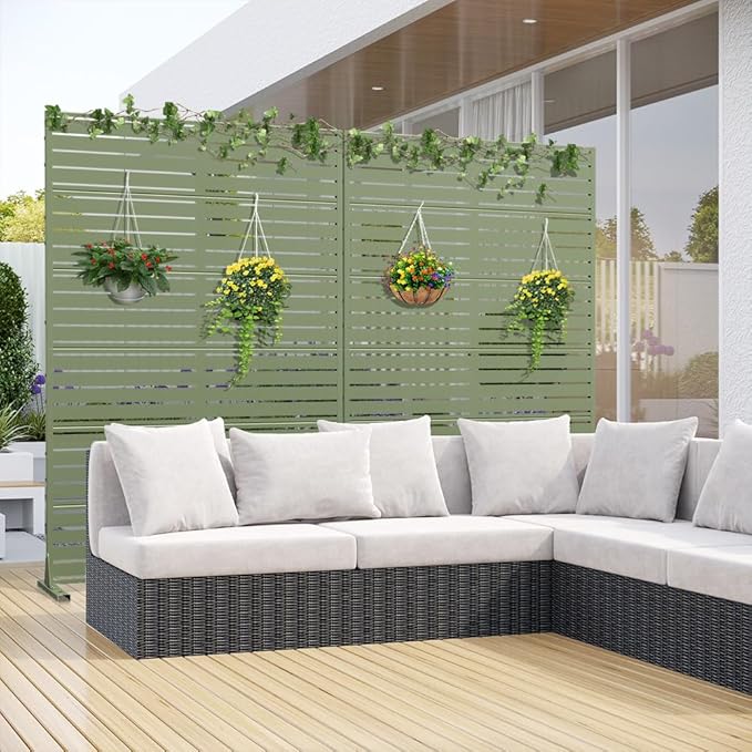 Casaphoria Metal Privacy Screen Outdoor, 72" H x 47" W Freestanding Decorative Privacy Screen for Patio Deck Balcony Garden with Stable Base, Light Green-Louvered