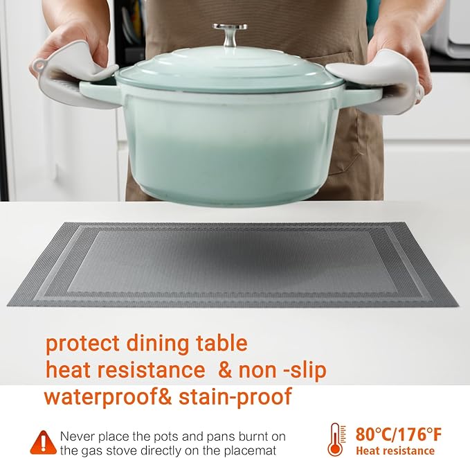 Placemats Set of 8,Washable,Heat and Stain Resistant Indoor/Outdoor Place mats,Vinyl Woven Non Slip Table Mats for Restaurant Table Protection,PVC Placemats(Gray,8PCS)