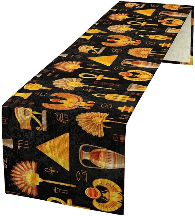 Egyptian Table Runner, Retro Egypt Mural Old Hieroglyphic Elements Ancient Mythology Hieroglyph Symbol Printed Kitchen Dining Table Runner for Kitchen Living Room Home Party 13x108in
