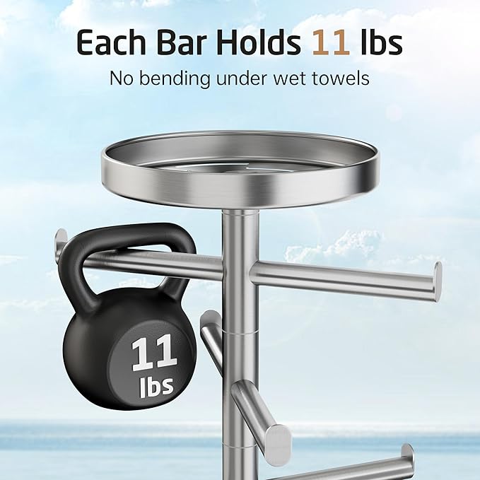 KES Hot Tub Towel Rack Outdoor with Natural Marble Extra Weight Base, 8 Arms 360° Adjustable 59in Outdoor Towel Rack for Pool with Storage Tray, 18/8 Stainless Steel, Brushed Finish, OTR204-2