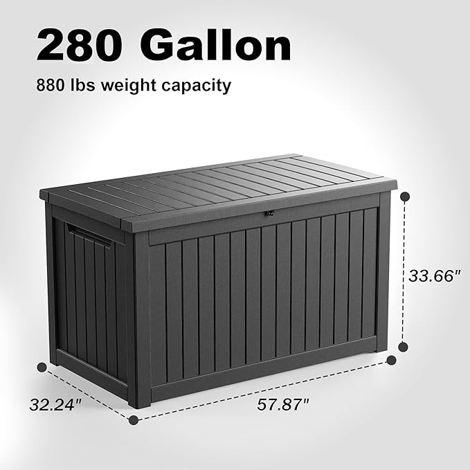 280 Gallon Outdoor Storage Box, Large Resin Deck Box for Patio Cushions, Garden Tools, Pool Accessories, Waterproof and Lockable Design, Storage Bench for Backyard & Deck(Black)