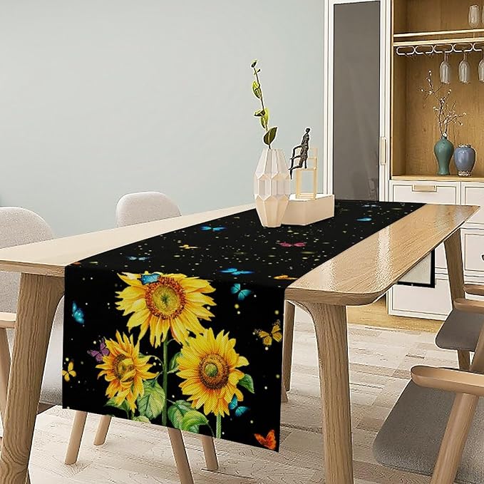 Farmhouse Sunflower Table Runner, Black Starry Spring Yellow Flowers Botanical Butterfly Table Runners for Dining Kitchen Holiday Party Table Decor, 13x60inch