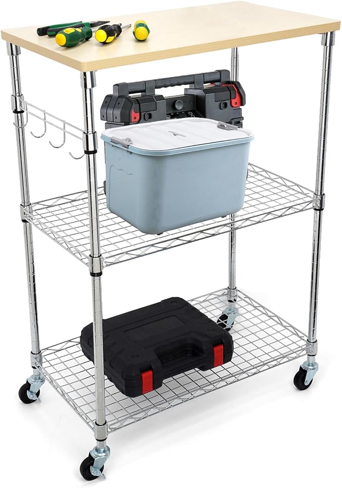 Chrome 3-Tier Rolling Kitchen Cart with Wheels 14" D x 24" W x 34" H and Wood Board Tabletop and 4 Hooks, 300 Pound Capacity, Great for Coffee Cart, Food Service Cart or Utinity and More.