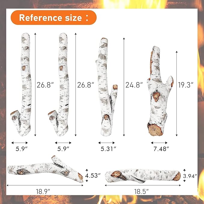 Gas Fireplace Logs, 6pcs Large 26.8" Birch Logs for Gas Fireplace Inserts, Fake Fireplace Logs Fireplace Decor, Gas Logs for Fireplace, Faux Fireplace Logs for All Types of Fireplace, Outdoor Fire Pit