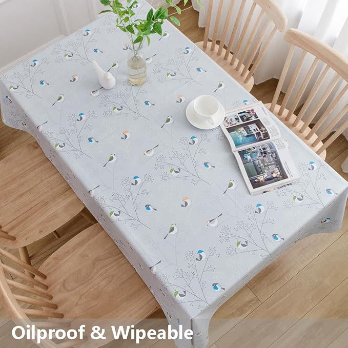 TruDelve Heavy Duty Plastic Table Cloth Rectangle Table Vinyl Tablecloth with Flannel Backing Oilcloth Waterproof Tablecloths (78'' x 54'', Birds-1)