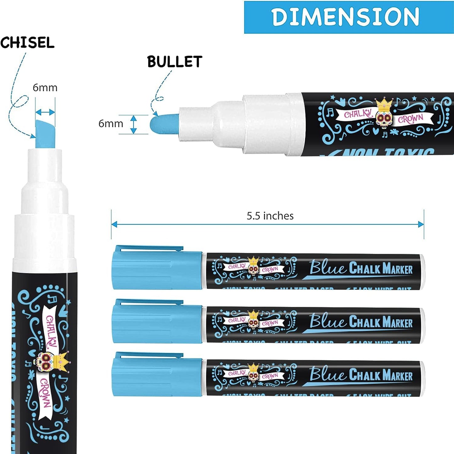 CHALKY CROWN Liquid Chalk Marker Pen - Dry Erase Marker - Chalk Markers for Chalkboard Signs, Windows, Blackboard, Glass - 6mm Reversible Tip (Blue, 5 Pack)