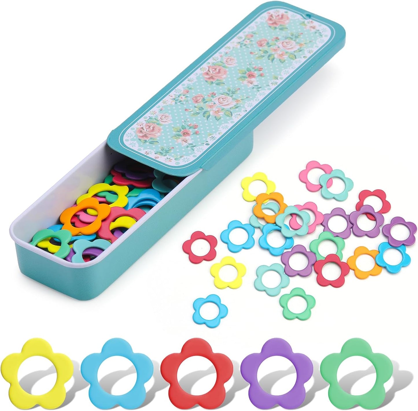 Jmuiiu Flower Metal Stitch Markers, 50Pcs Metal Colorful Crochet Stitch Markers for Knitting Crocheting Clothing Tag DIY Craft Project with Storage Box