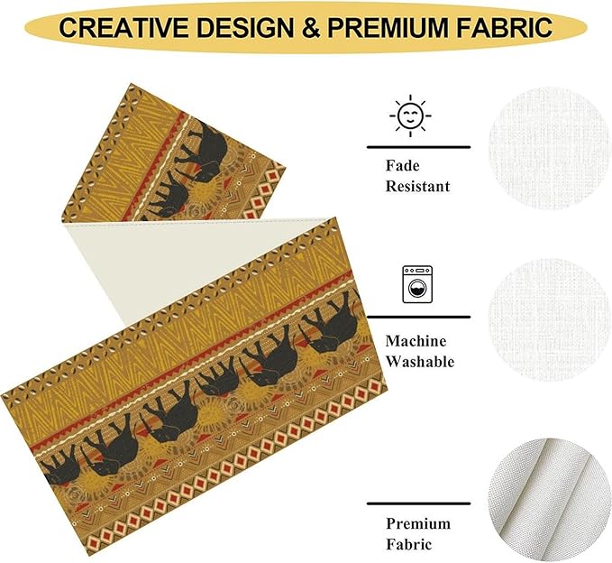 African Tribe Table Runner, Rustic Elephants Tribal Boho Diwali India Traditional Ethnic Folk Yellow Coffee Table Center Decor for Home Kitchen Room Holiday Party Outdoor Table Decorations, 13"x108"