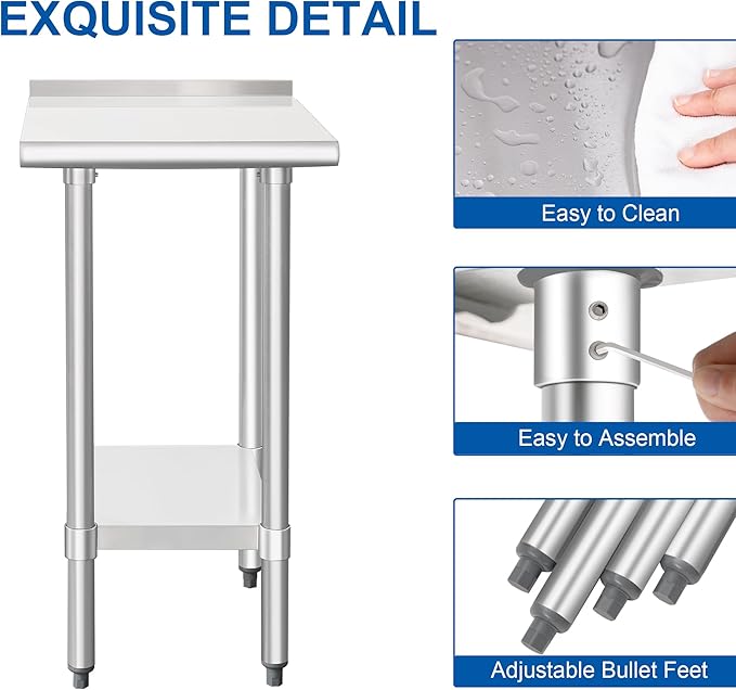 HARDURA Stainless Steel Commercial Work Table Prep Work Metal Table 24×18 Inches with Undershelf and 2" Backsplash Heavy Duty NSF 430 for Kitchen Food Prep